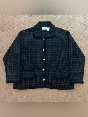 Vintage 100% Pure Wool Cardigan Pattern Knit Pockets Heavyweight 90s Wmns Lrg